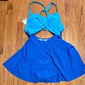 Women Cutout One Piece Skirt Swimsuit Swimdress Tummy Control Bathing Suits blue